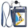 Low Moq Stamping Logo Pu Leather High Capacity Portable Credit Card Holder With Zipper Lanyard Reel Retractable