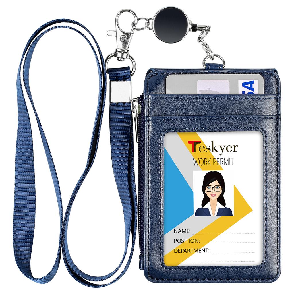 Low Moq Stamping Logo Pu Leather High Capacity Portable Credit Card Holder With Zipper Lanyard Reel Retractable
