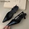 Fashion SUOJIALUN 2025 Summer New Brand Women Sandal Fashion Pointed Toe Shallow Slip On Mules Shoes Thin Med Heel Dress Pumps Shoes