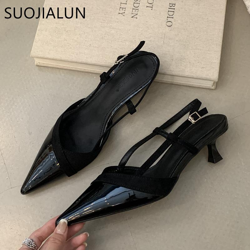Fashion SUOJIALUN 2025 Summer New Brand Women Sandal Fashion Pointed Toe Shallow Slip On Mules Shoes Thin Med Heel Dress Pumps Shoes