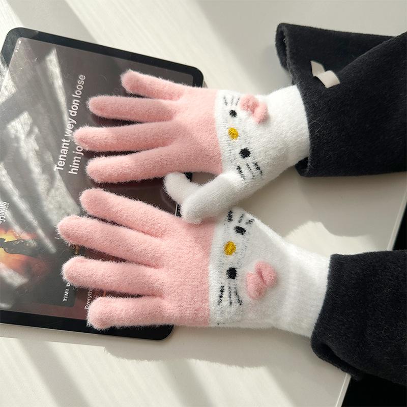 Cute Cartoon Kai Cat Patchwork Warm Knitted Gloves Girls' Autumn and Winter Bicycle Five Fingered Plush Gloves