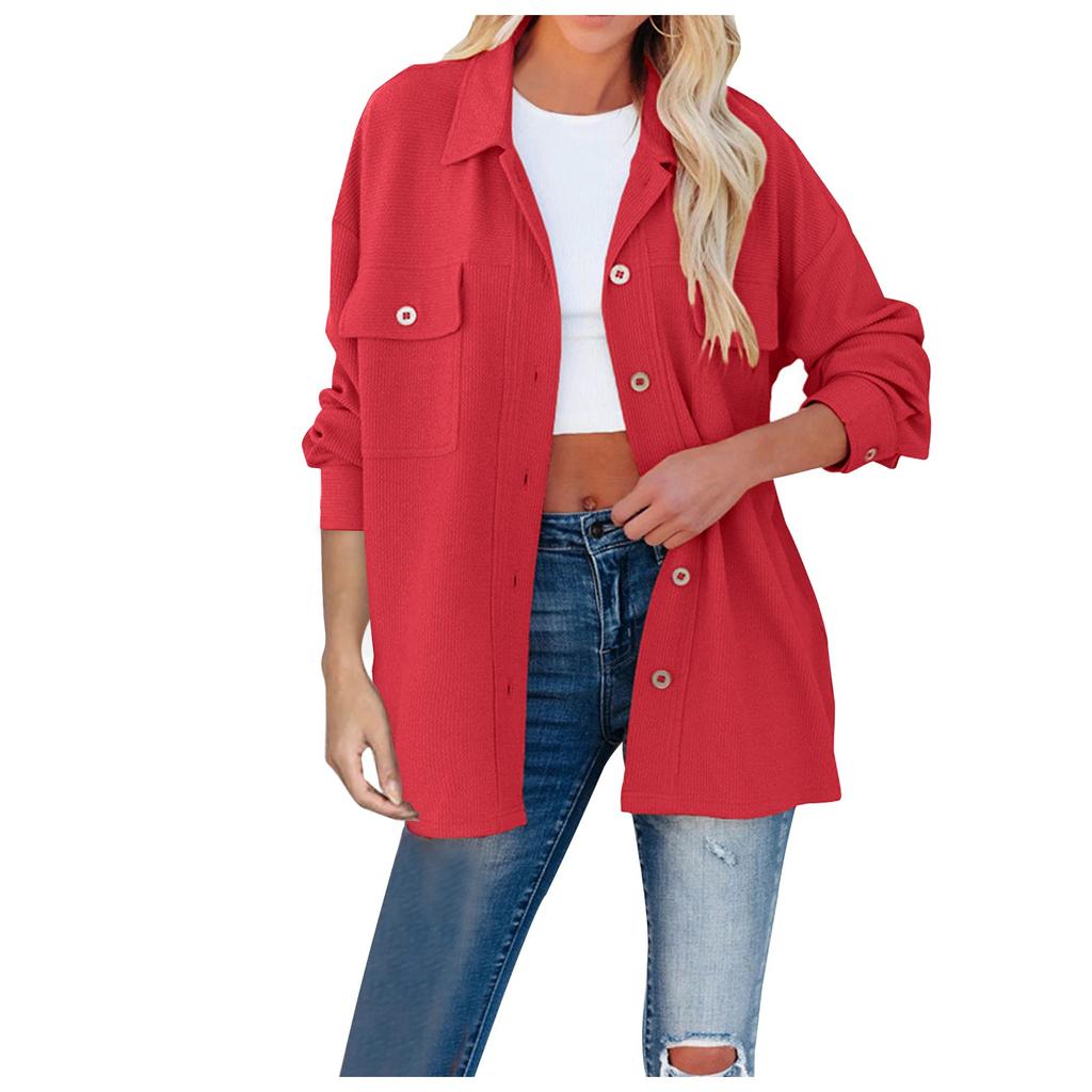 (SU)Women's Autumn And Winter Fashion Solid Color Single Breasted Long Sleeve Pocket Jacket