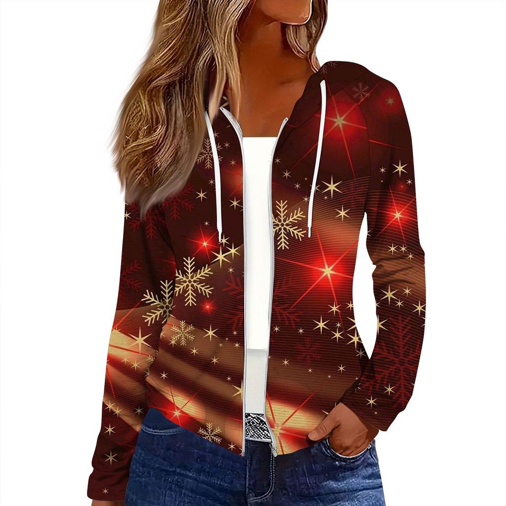 Women's Fashion Christmas Print Casual Zip-Up Long-Sleeved Hooded Jacket