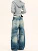 Yongfang American Retro Deep Blue Jeans: Unisex Casual Loose Fit, Cat Whiskers Design, Wide Leg, Straight Long Pants.