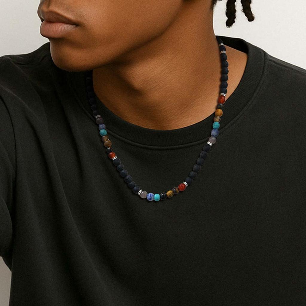 Boho Colorful Natural Stone Beaded Necklace, Vintage Trendy Stainless Steel Choker Necklace for Men, Waterproof Jewelry Gift