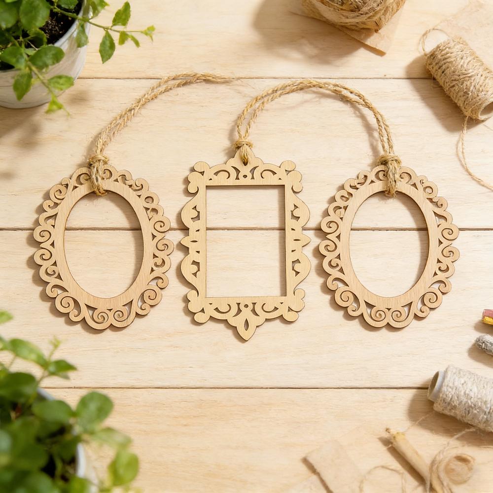 24 PCS Vintage Carved Wooden Frames Set with Jute String, 6 Designs for Photo Display, DIY Crafts, Wedding & Home Wall Decor