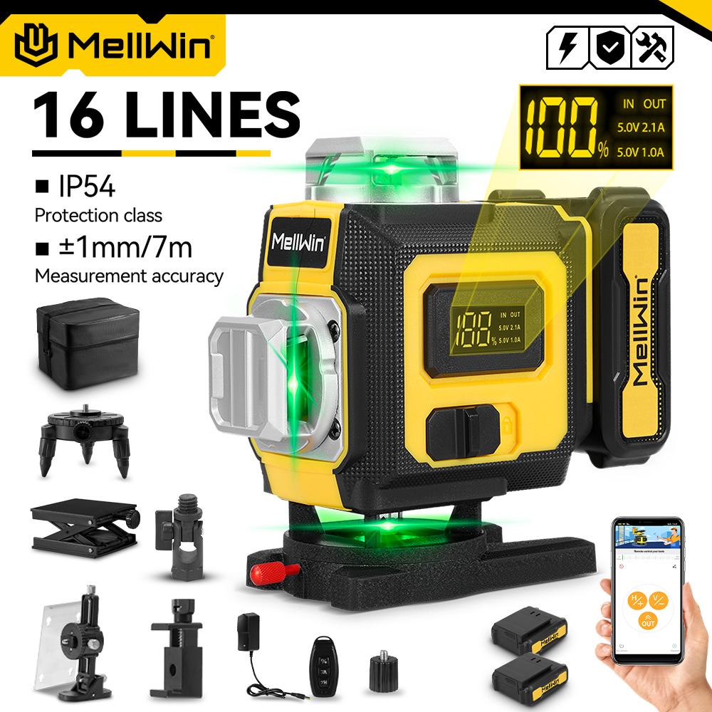 MELLWIN Professional 16 Lines 4D Laser Level with APP Remote Control – 360° Horizontal & Vertical Self-Leveling Green Beam Laser Tool