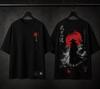 Samurai Oversized T-Shirt Japanese Streetwear Red Moon Graphic Unisex Black Tee