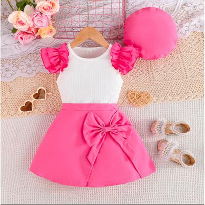 New Girls' Flutter Sleeve Top with Bow Short Skirt Set + Hat Sweet Fashion Set