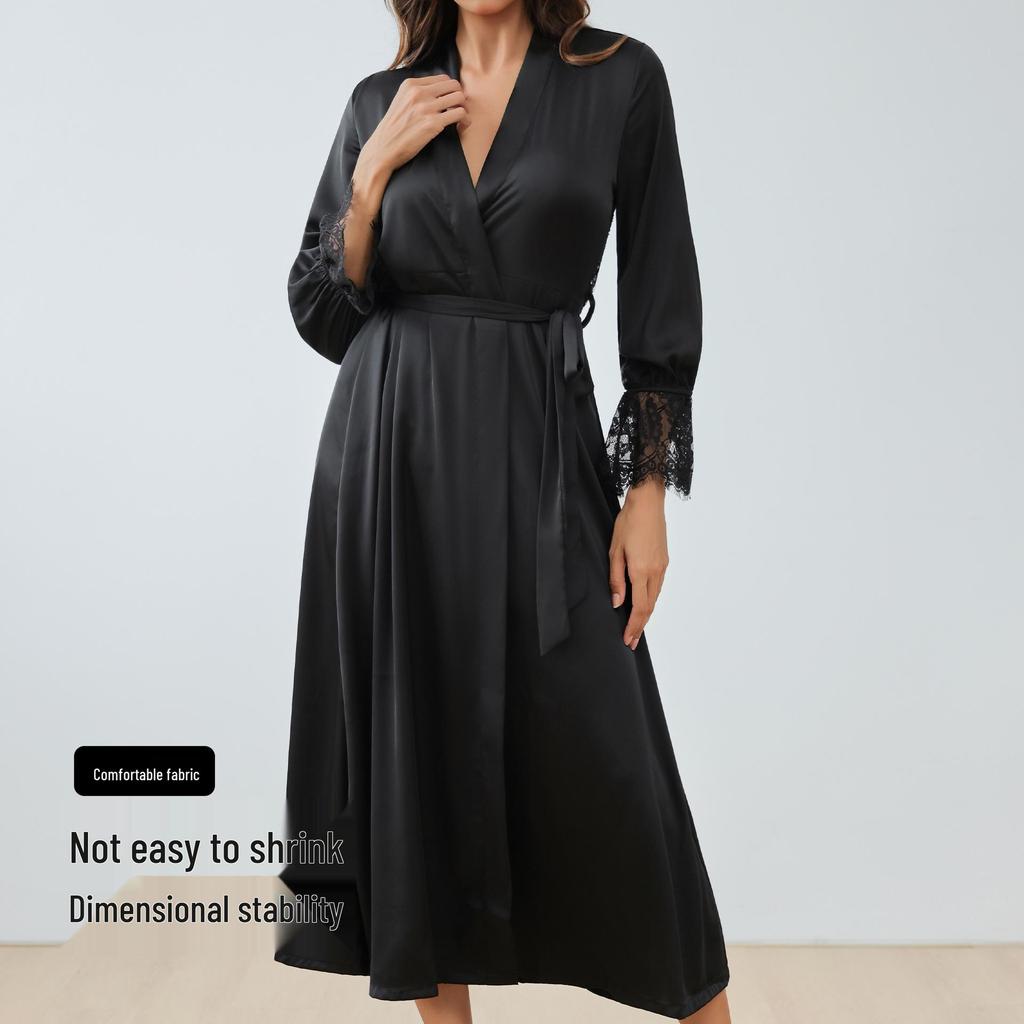 Yaoting Damen Satin Chiffon Nachthemd: Sommer Spitzen-Patchwork, Französisch Elegant, Sexy Rückenfreier Langer Morgenmantel.