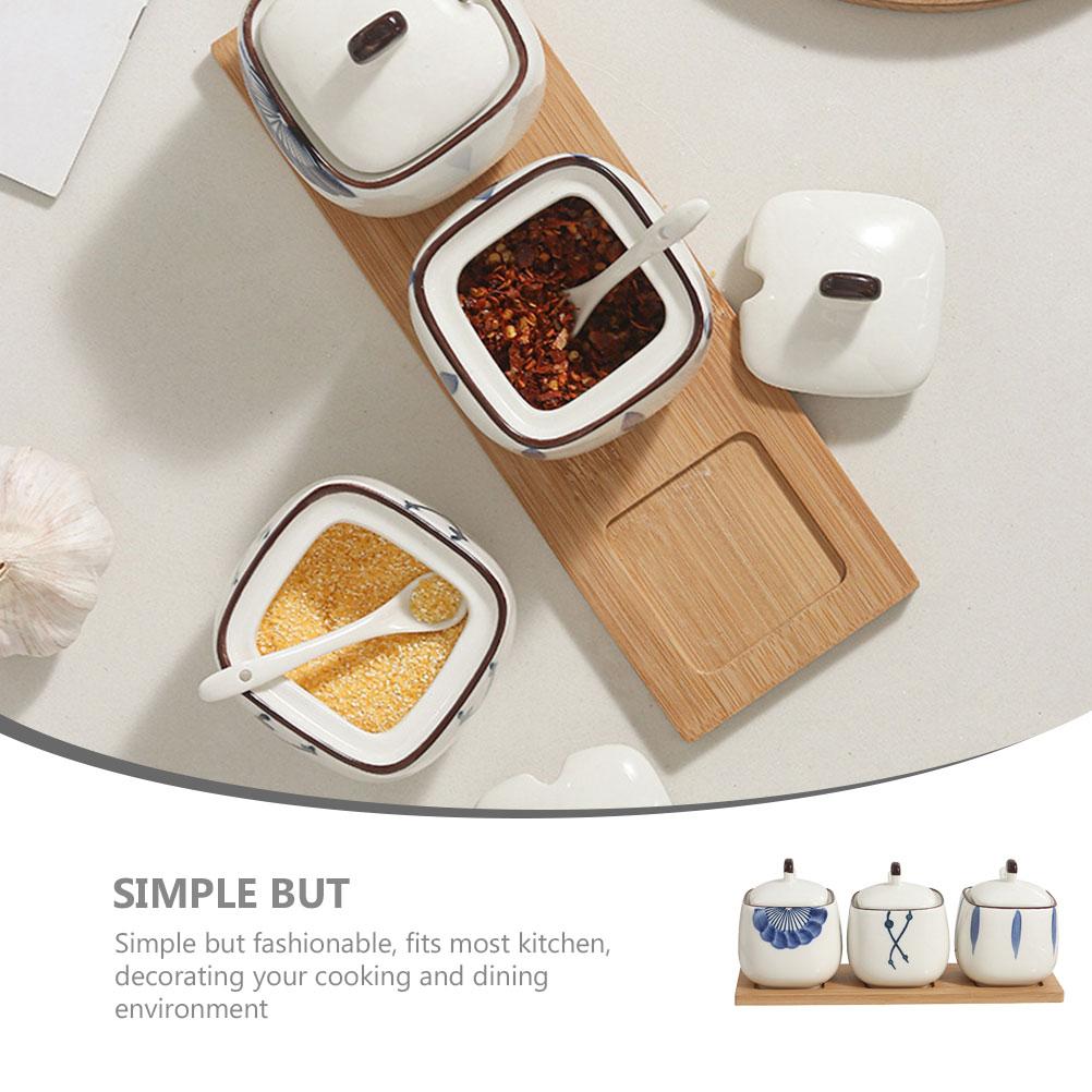 Kořenka Třídílná Sada Nádoba se Lžičkou Keramické Misky Víčka Podnos na Koření Nádoby na Sůl a Cukr