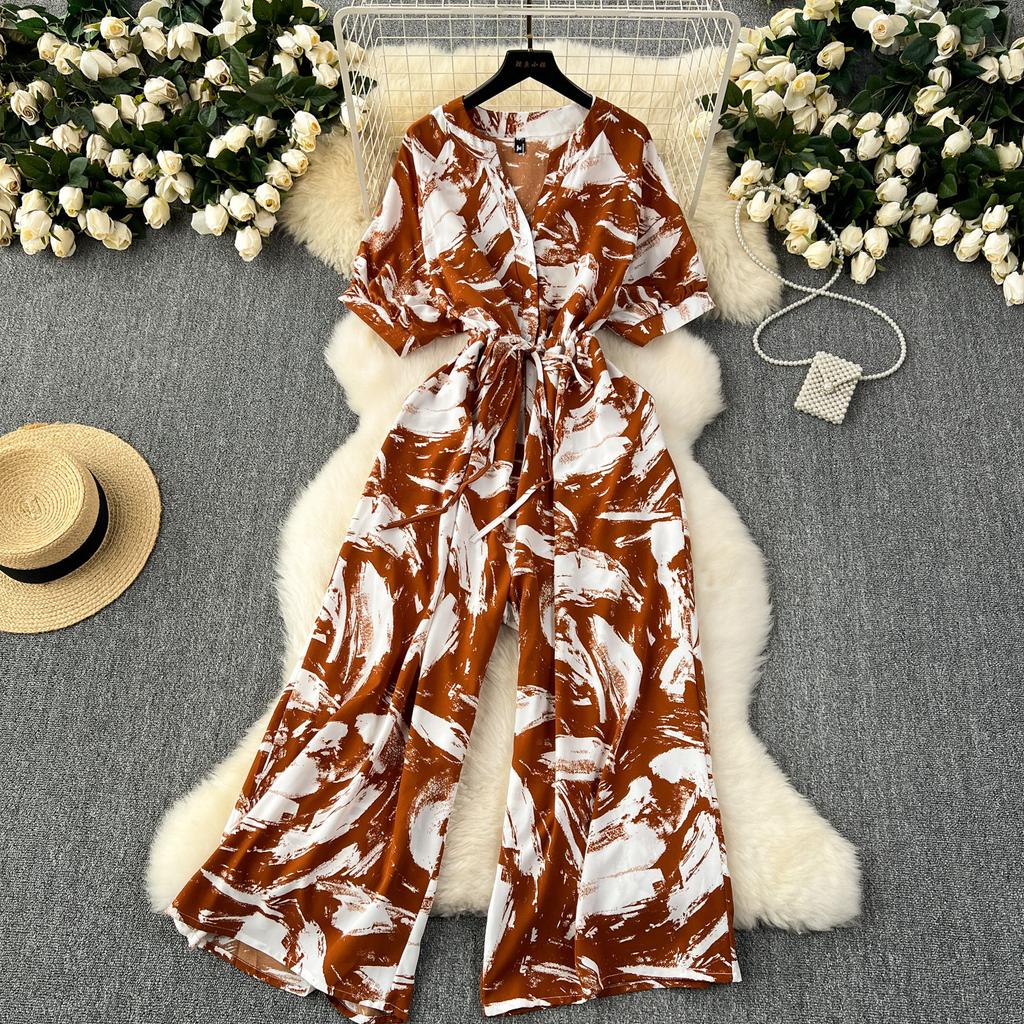 Short Sleeve Wide Leg Pants Jumpsuit Casual Elegant for Women Office Lady Print Bandage Femme Thin Slim V Neck Jumpsuit