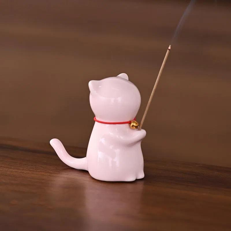 Cute Wishing Cat Ceramic Incense Burner Decoration Indoor Line Incense Holder for Tea Table | Temples Yoga Studios Home Decor