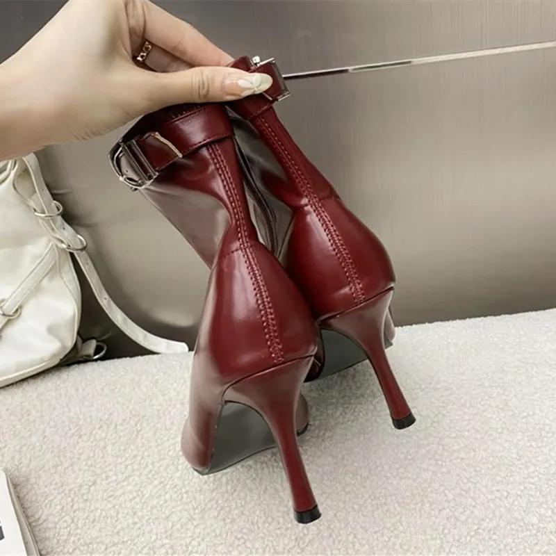 Luxury Soft Leather Side Zip Design Ankle Boots Womens Sexy Belt Buckle Round Toe Botines Thin Heels Modern Boots Botas Mujer