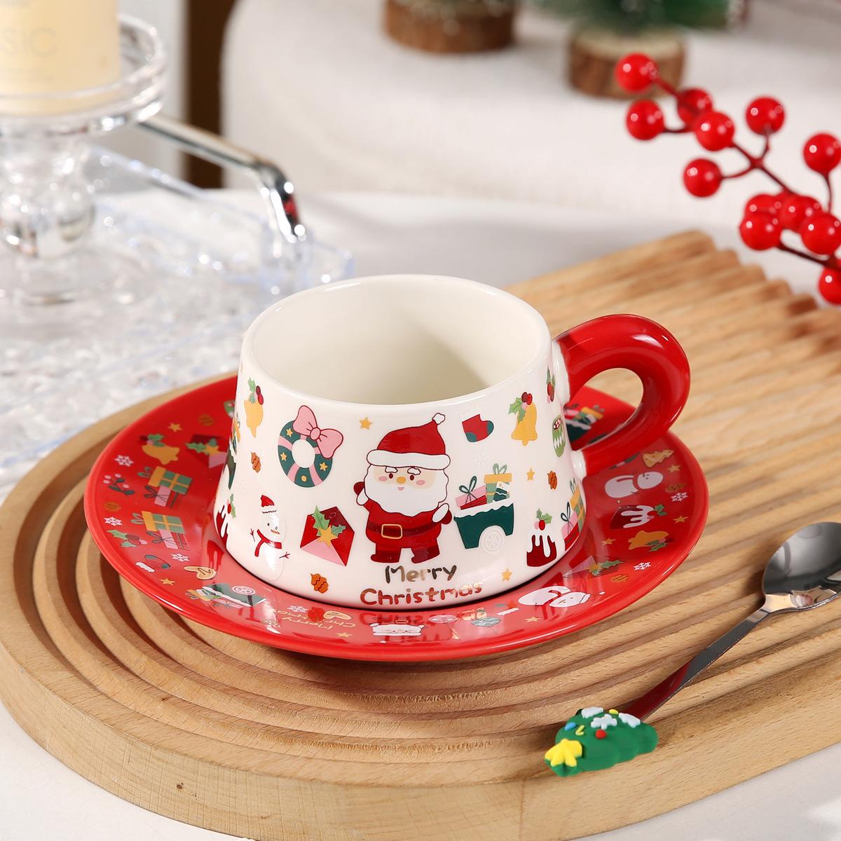 Christmas Ceramic Coffee Mug and Saucer Set Santa Claus Cup Saucer Ceramic Mug Souvenir Cute Cup For Christmas Festival Gifts 301-400ml красный