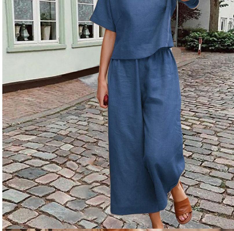 European & American Cotton Linen Casual Short Sleeve T-shirt and Pants Set