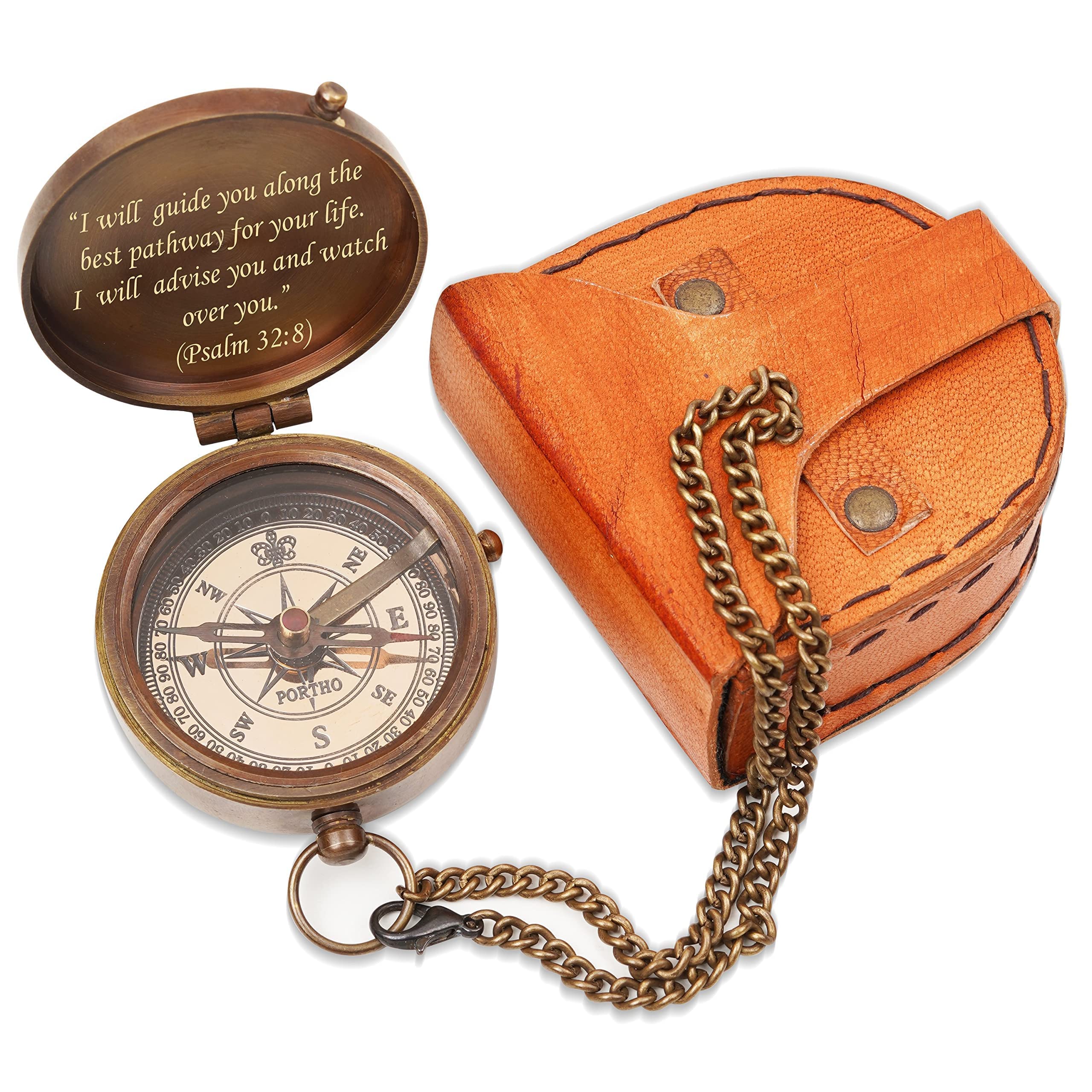 

PORTHO Psalm 32:8 Engraved Compass with Genuine Leather Pouch Religious Gift Christian Gift Baptism Gift Graduation Gift Inspirational Gift for