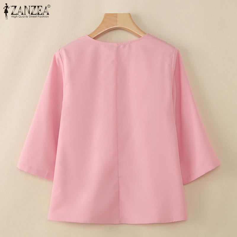 ZANZEA Women Casual Round Neck Solid Color 3/4 Sleeve Loose Blouse