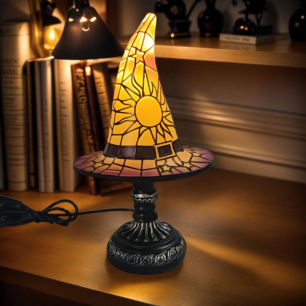 Witch Hat Lamp Resin Desktop Ornament Halloween Decorations USB Powered Creative Table Lamp Night Light for Home Bedroom Decor