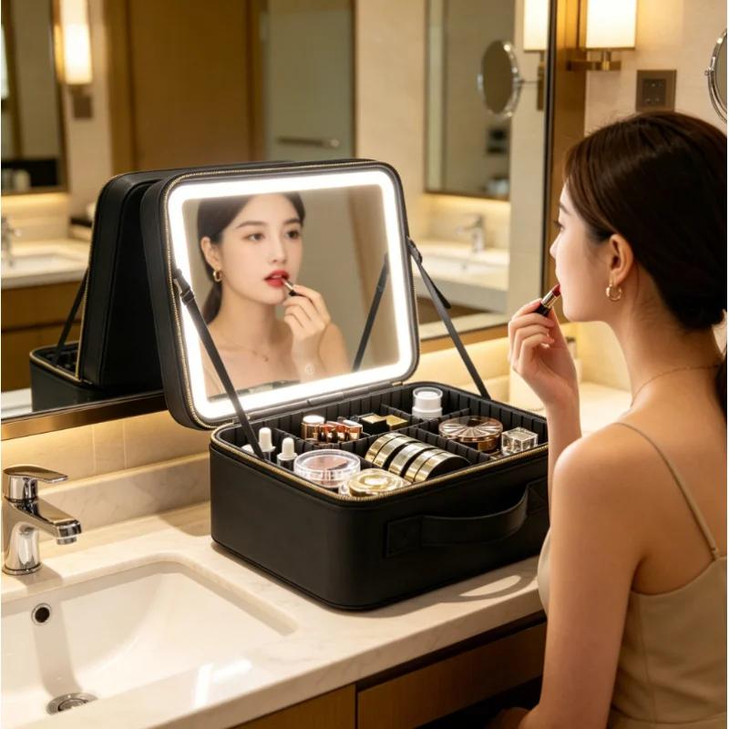 Portable LED Makeup Bag with Mirror Large Size Travel Cosmetic Case Multifunctional Beauty Organizer for Ladies