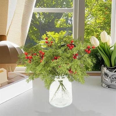 Festive Holiday Pine Needle Picks with Red Berries for Christmas Home Decor Office Party Table Centerpiece Display