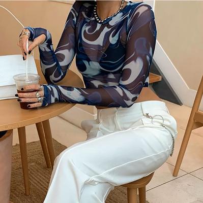 Sexy See Trough Crop Top Y2K Vintage Graphic Print Green Mesh Sheer T-shirt Long Flare Sleeve Slim Fit Tee Women Clothes