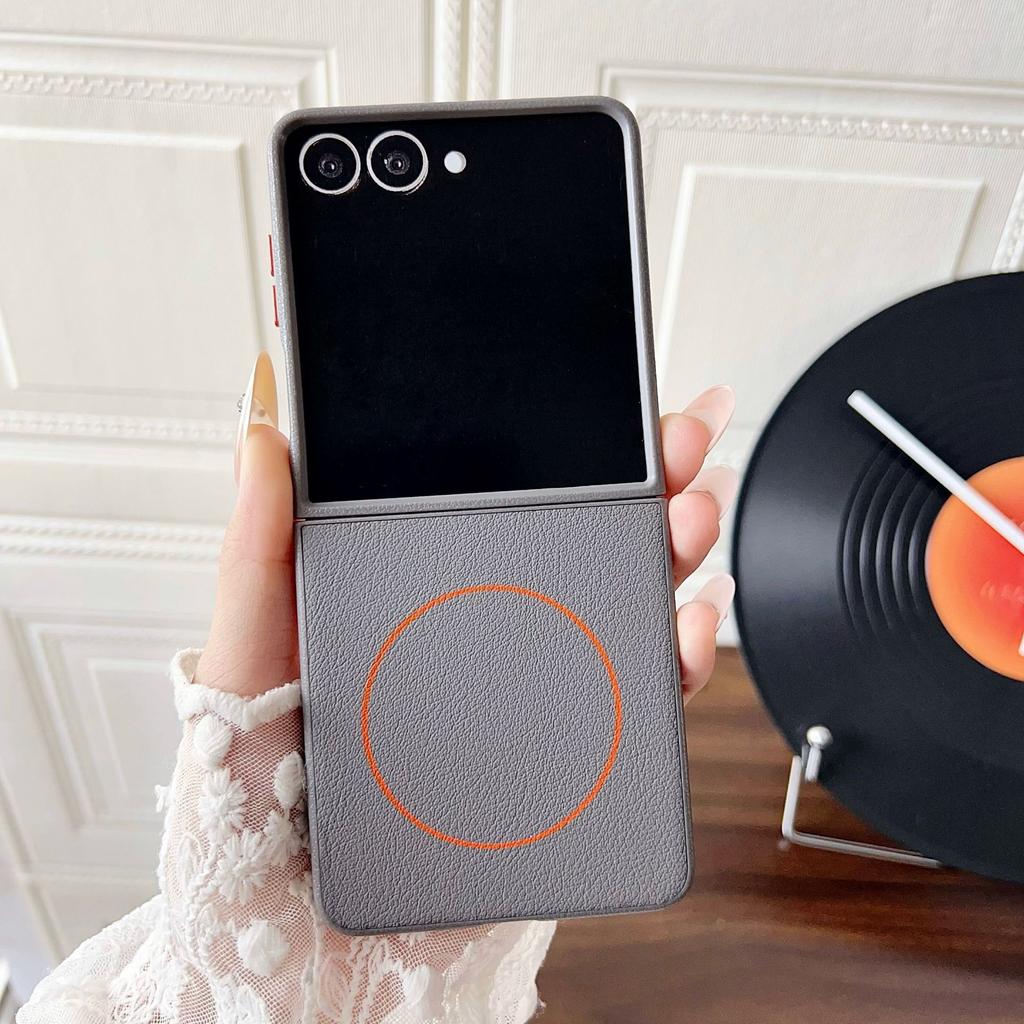 Minimalist Litchi Leather Screen Phone Case for Samsung Galaxy Z Flip 7 6 5 Fine Ring Magnetic Wireless Charge Protection Cover