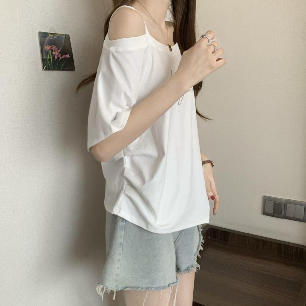 2025 Spring/Summer Plus Size Off-Shoulder Letter Print T-shirt - Women's Trendy Loose Slimming Fashion