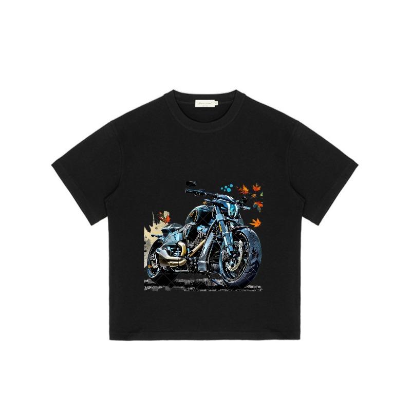 Motorcycle T Shirt Black Blue Motorcycle with Autumn Leaves Print for Casual Wear