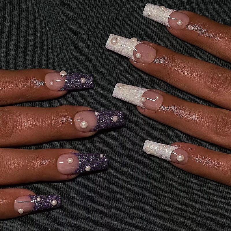 Dual Color Pearl Detachable Wearable Nails - French White & Purple Nail Art Pieces