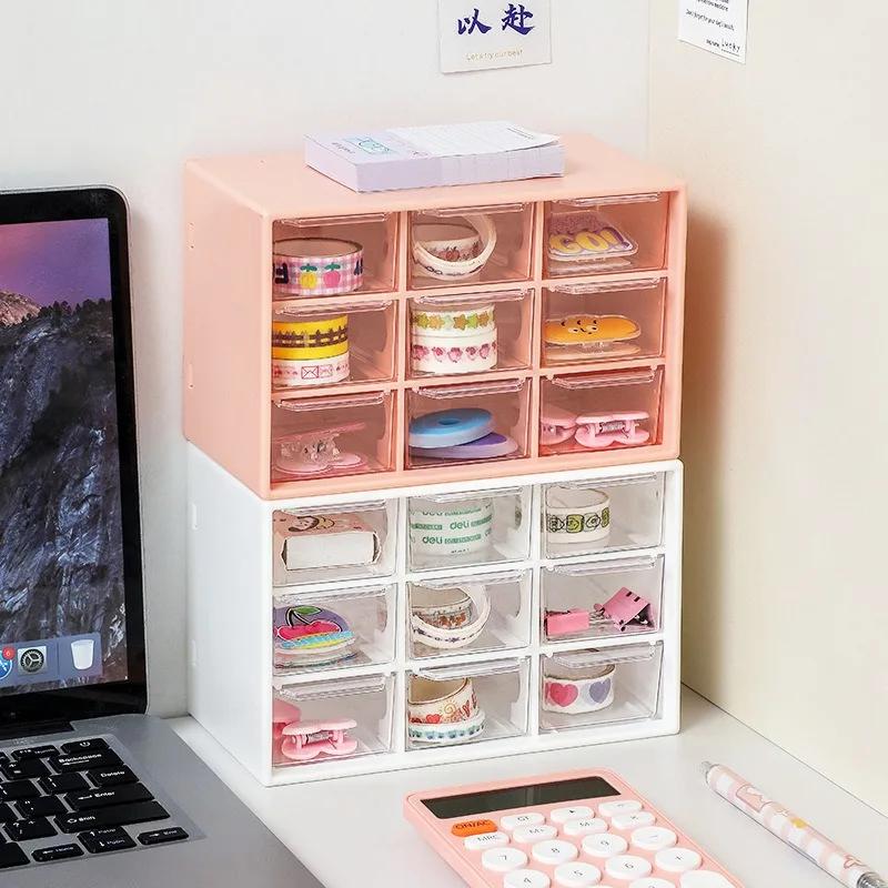 Desktop 9 Grid Storage Boxes Organizer Transparent Small Drawer Partitioned Student Desk Wall-mounted Sundries Storage Box Cute