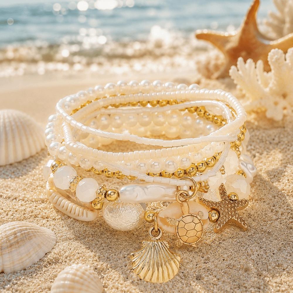 7pcs/Set Faux Pearl Stackable Bracelets Sea Shell Pearl Beaded Bracelets  Beach Holiday