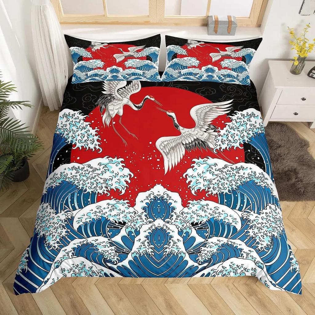 Japanese Ukiyo-E King Queen Duvet Cover Golden Fish Hokusai Bedding Set Crane Wave Quilt Cover Red Sun Polyester Comforter Cover