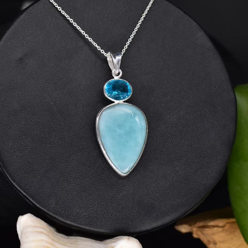 Larimar & Blue Topaz Gemstone Necklace, Boho Jewelry, Designer Jewelry, 925 Sterling Silver, Birthday Jewelry, Gift For Her