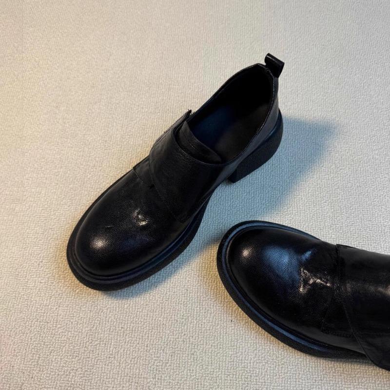 Sheepskin Retro Thick Heel Velcro Versatile Round Head Leather One-pedal Small Leather Shoes Women
