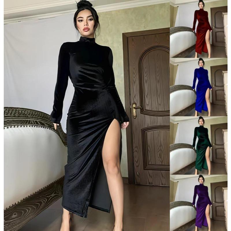 Autumn and Winter Women's High Neck Velvet Slim Wrinkled Split Long Dresses