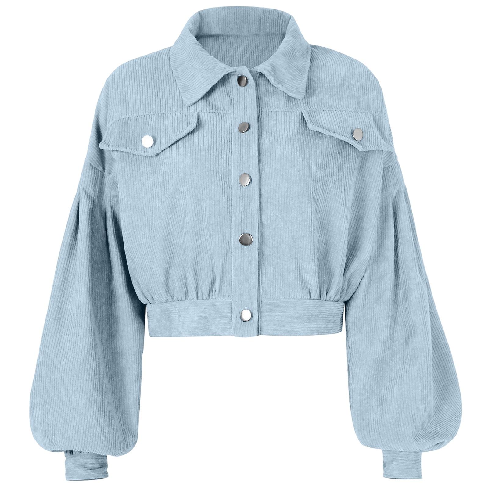 

Women s Casual Lapel Corduroy Jacket Single Breasted Short Coat S світло-синій колір