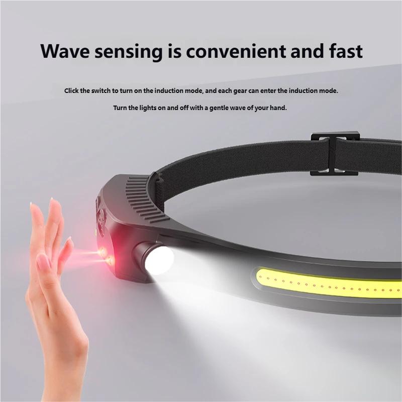 USB Rechargeable LED Sensor Headlamp COB Headlight Head Torch Work Light Waterproof Head Flashlight for Fishing Camping Lantern
