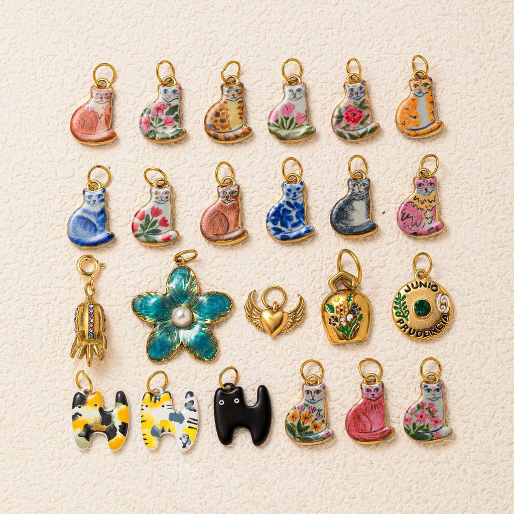 Stainless Steel Kitten Print Enamel Drip Ceramic Pendant Necklace Bracelet DIY Accessories.