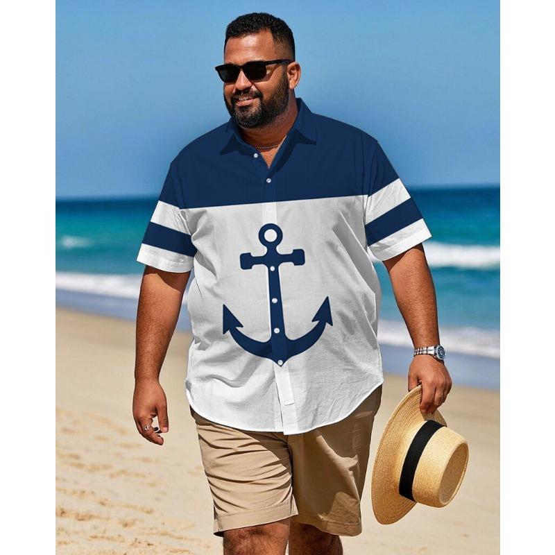Plus Size Men s Nautical Anchor Print Short Sleeve Shirt, Casual Button Up for Beach, Cruise & Daily Wear S