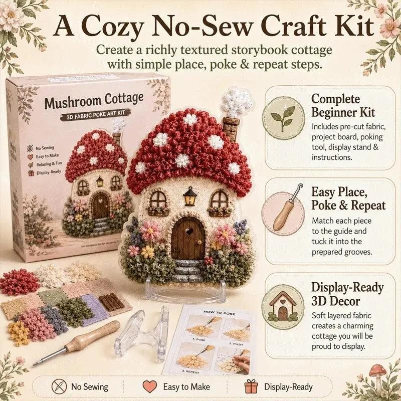 Whimsical Village Creative 3D Fabric Poke Art DIY Kit Mushroom Cottage Village Hand‑Poking Craft Making Set For Adults Beginners