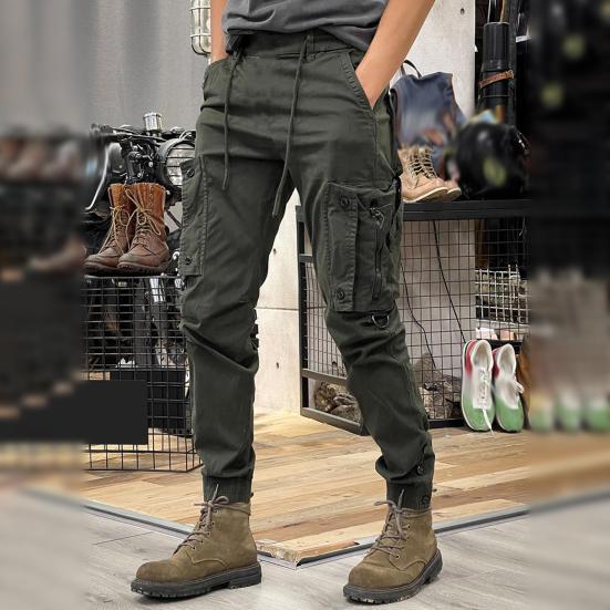 Spring Fall Men Cargo Pants Drawstring Waist Multi Pockets Ankle-banded Solid Color Sport Trousers Daily Wear Outdoor Training Exercise Trousers