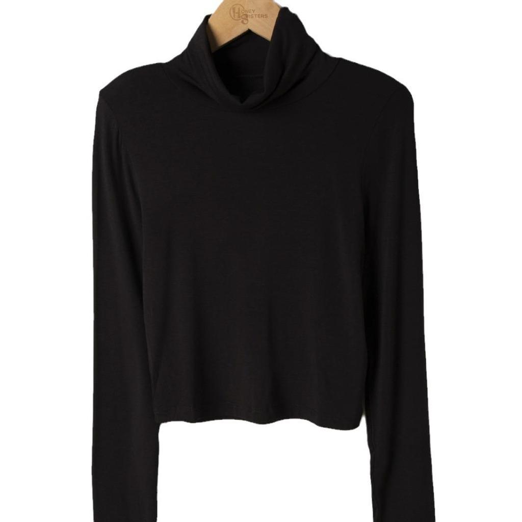 Kadın Dar Kesim Yüksek Yakalı Crop Top Uzun Kollu Gömlek