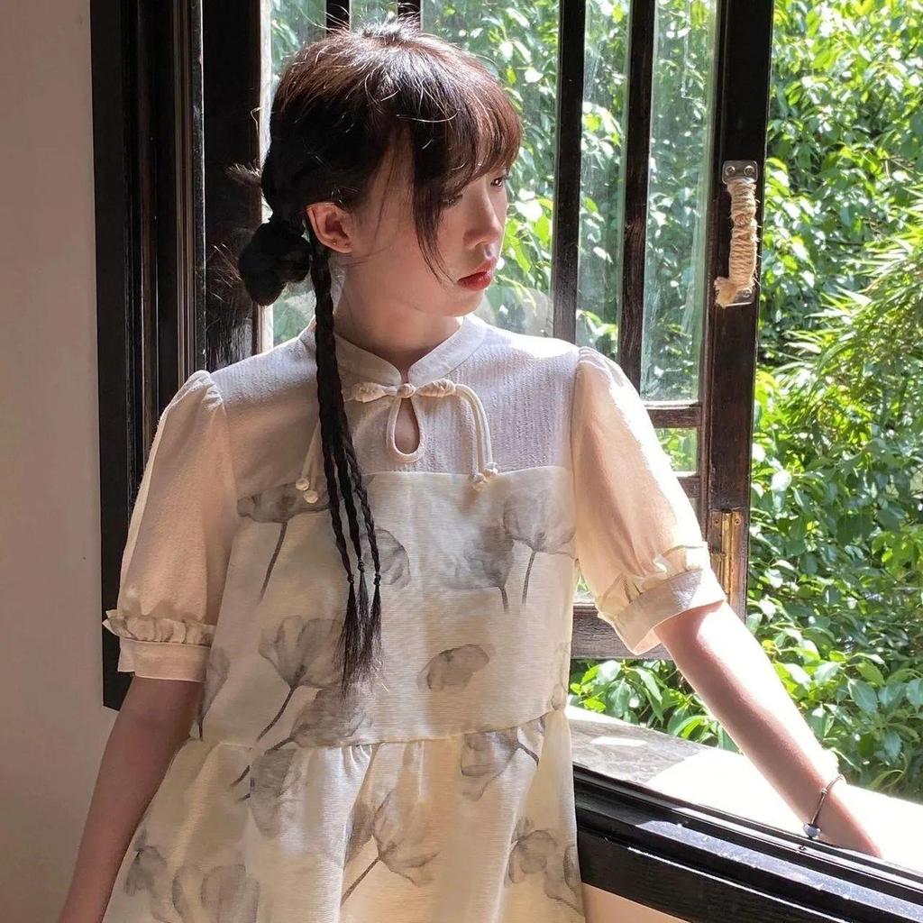 2026 Summer Women's Ink Wash Print Slit Skirt with Frog Button - New Chinese Style Qipao Dress for Girls