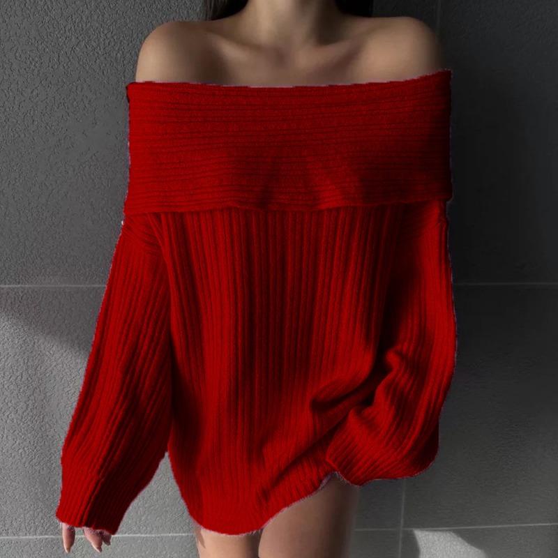 Autumn Winter Loose Casual One Word Collar Solid Sweater Women Sexy Off the Shoulder Bottomed Knitting Top