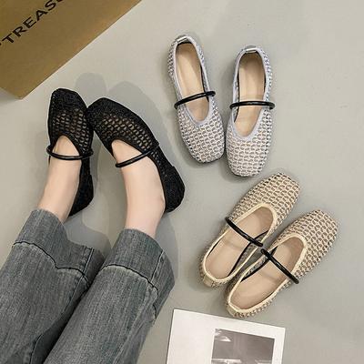 Single Shoes Women's Summer 2025 New Hollow Woven Breathable Fishing Net Gauze Flat Bottom Shallow Mouth French Mary Jane Sandals