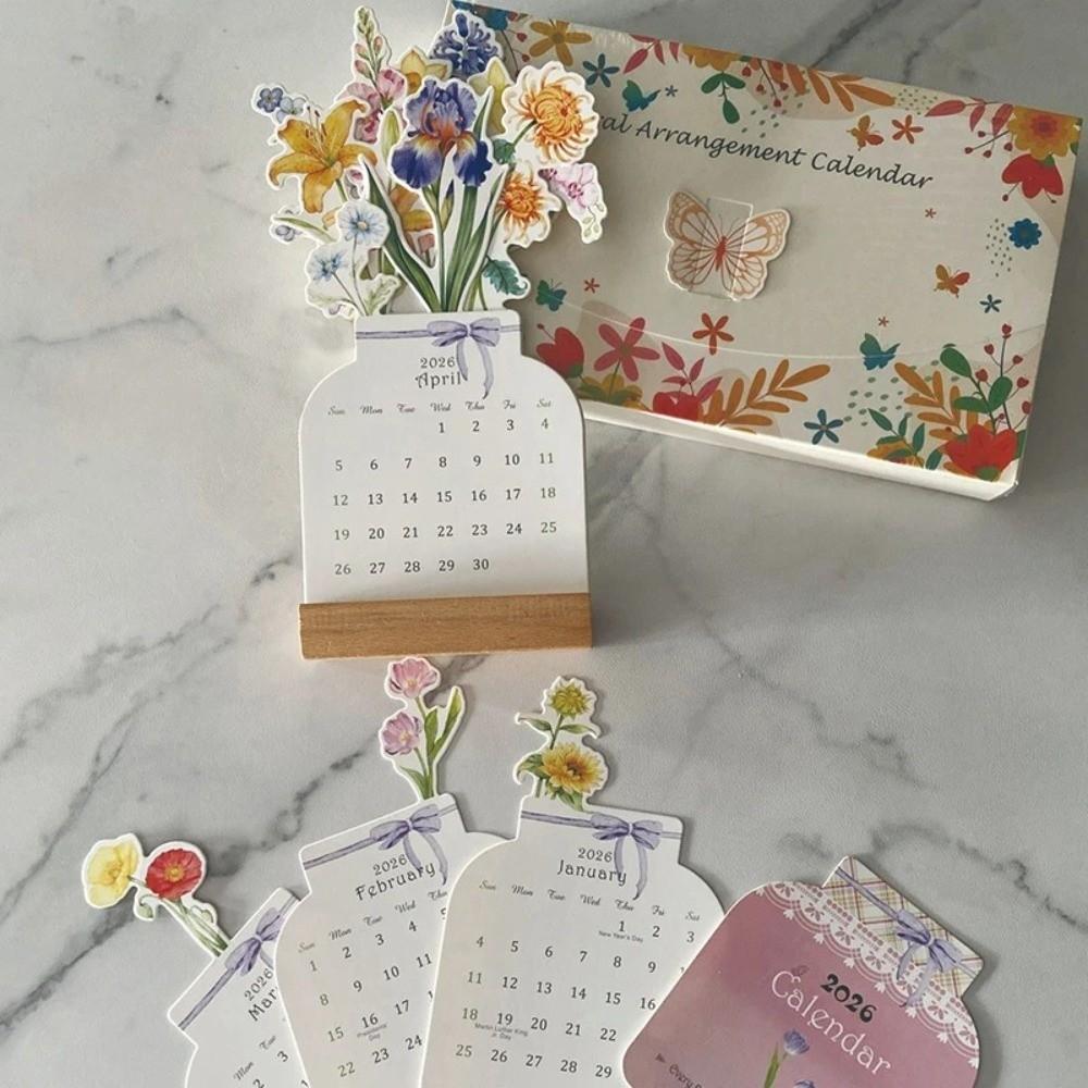 Wooden Base Monthly Planner Detachable Base Floral Desk Calendar  for Table Desk Decor
