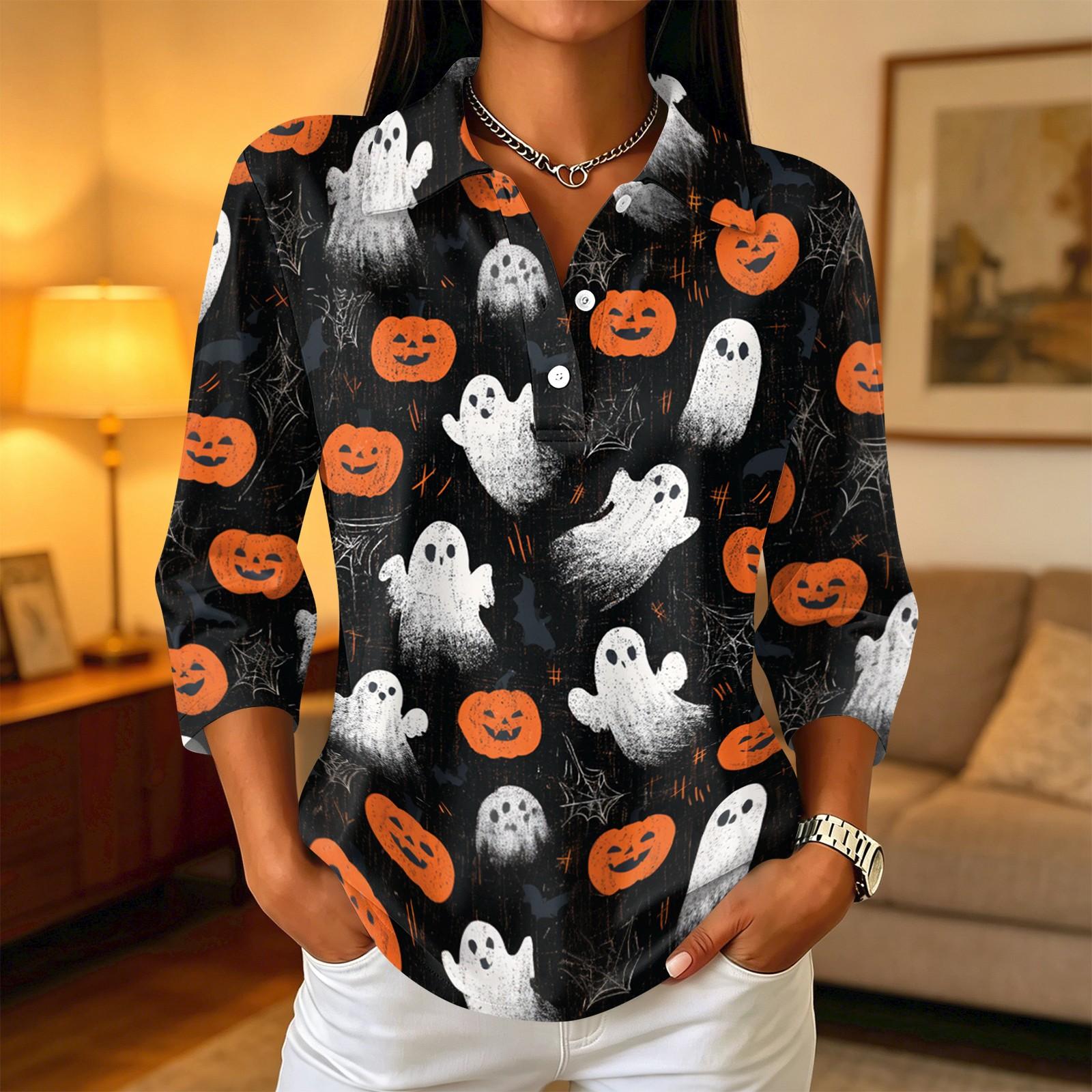 Women s Casual Button-Up Blouse with Three-Quarter Sleeves and Halloween Print Collar XXL