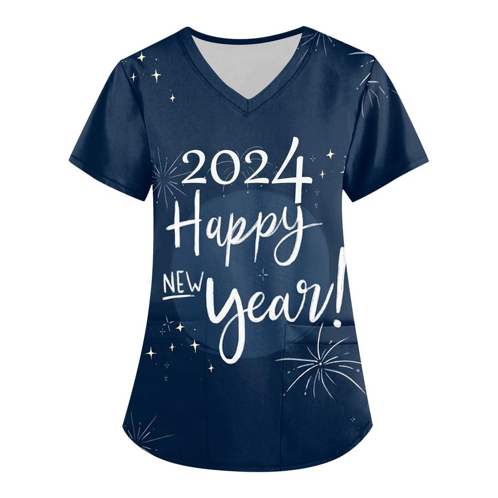 Damenmode 2024 Neujahr Bedruckte Kurzarm-Oberteile mit V-Ausschnitt und Mustertasche Arbeits-T-Shirts