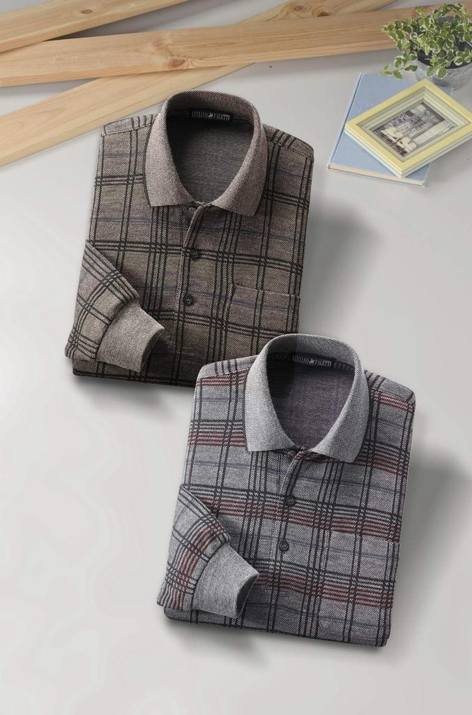 Polo Größe Lang Wolle Hergestellt in Kariert Stretch Braun [Little Island] Herrenhemd, L, Braun, Ärmel, Jacquard, Mischung, Japan, Wolle, Muster, Jacquard,